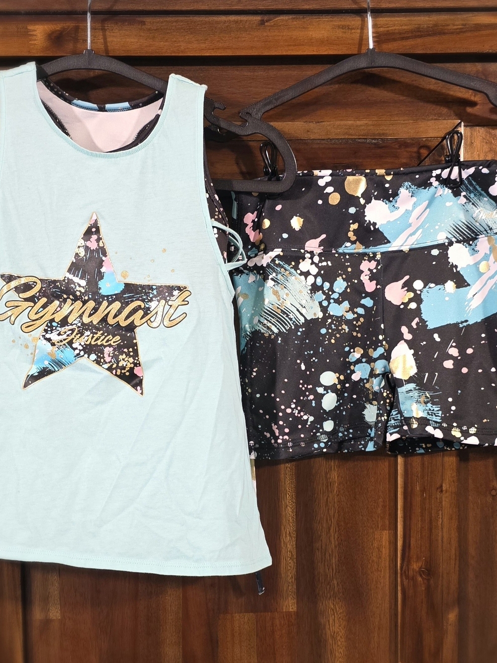 Justice Mint Tank Top and Black Splatter Gymnast Shorts Set